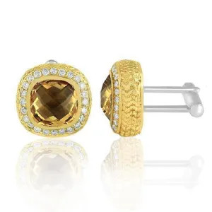 14K Solid Yellow Gold Mens Diamond Cufflinks With Champagne Citrine 9.00 Ctw
