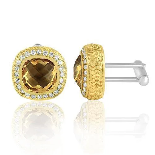 14K Solid Yellow Gold Mens Diamond Cufflinks With Champagne Citrine 9.00 Ctw