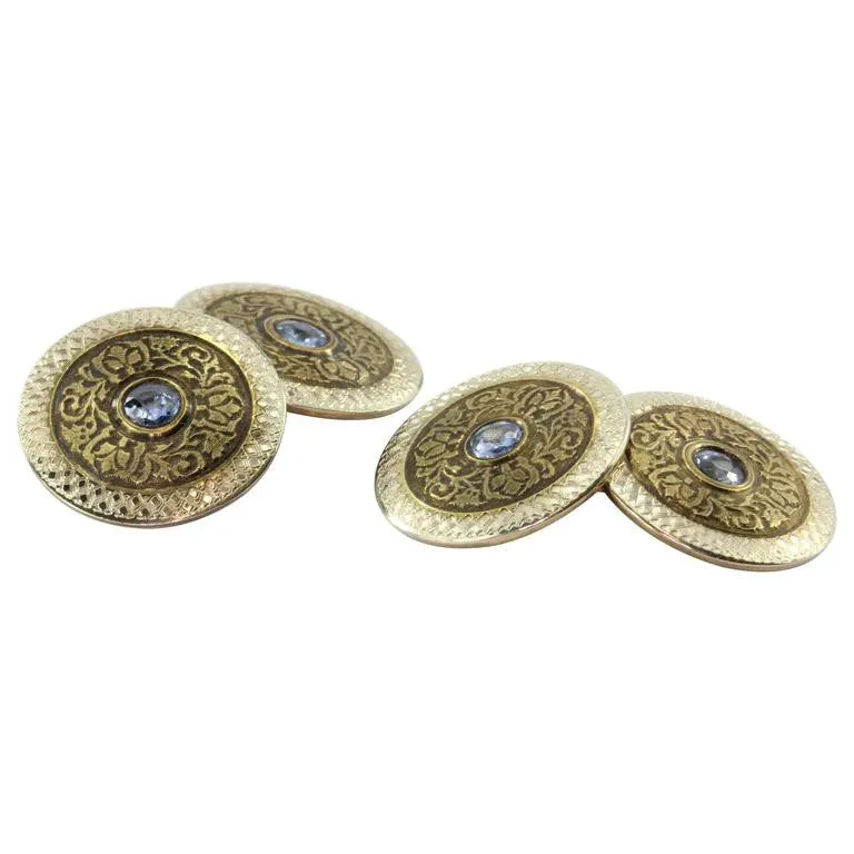 14K Yellow Gold Platinum Ceylon Sapphire Wiegand Bros Wisconsin Cufflinks