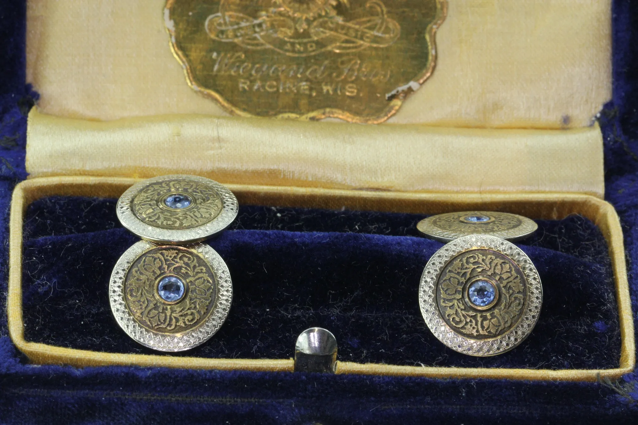 14K Yellow Gold Platinum Ceylon Sapphire Wiegand Bros Wisconsin Cufflinks