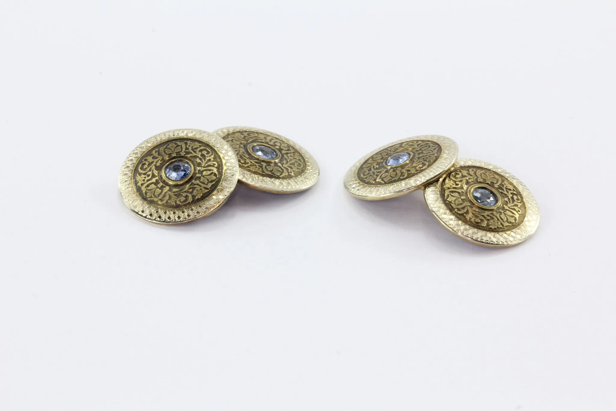 14K Yellow Gold Platinum Ceylon Sapphire Wiegand Bros Wisconsin Cufflinks
