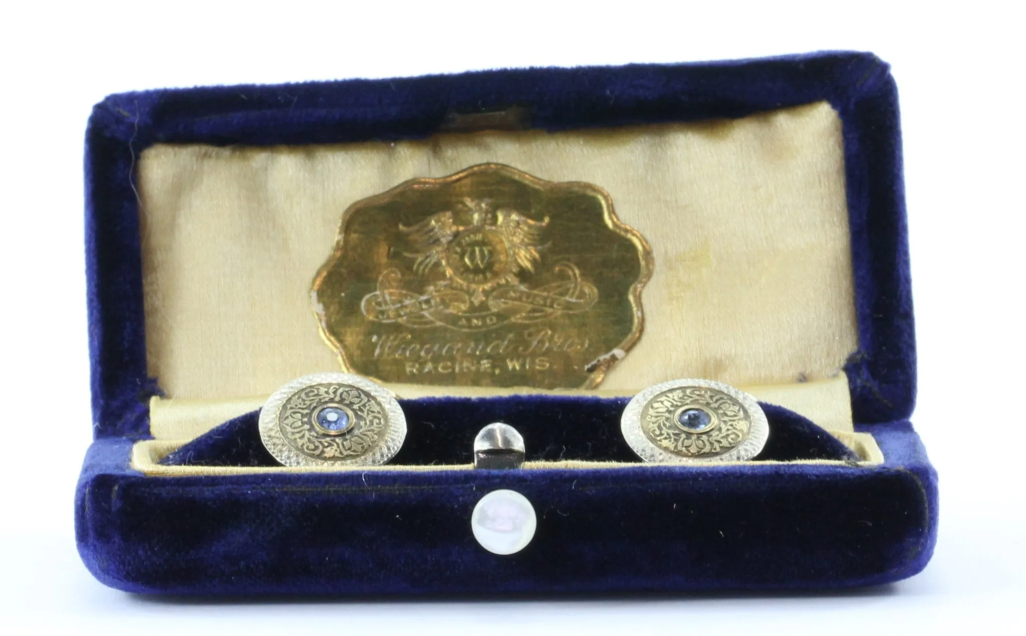 14K Yellow Gold Platinum Ceylon Sapphire Wiegand Bros Wisconsin Cufflinks