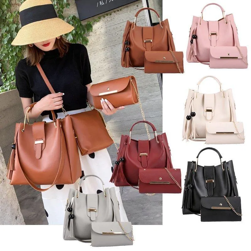 3-Piece Set Beaded Fringe Deco Large Capacity Clutch Bag Tote Bag Crossbody Bag