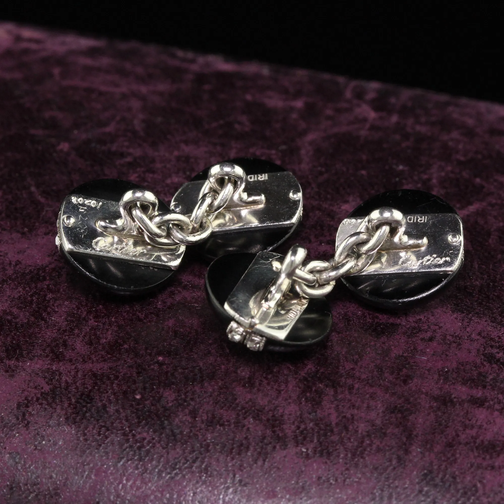 Antique Art Deco Cartier Platinum Diamond Emerald and Onyx Cufflinks
