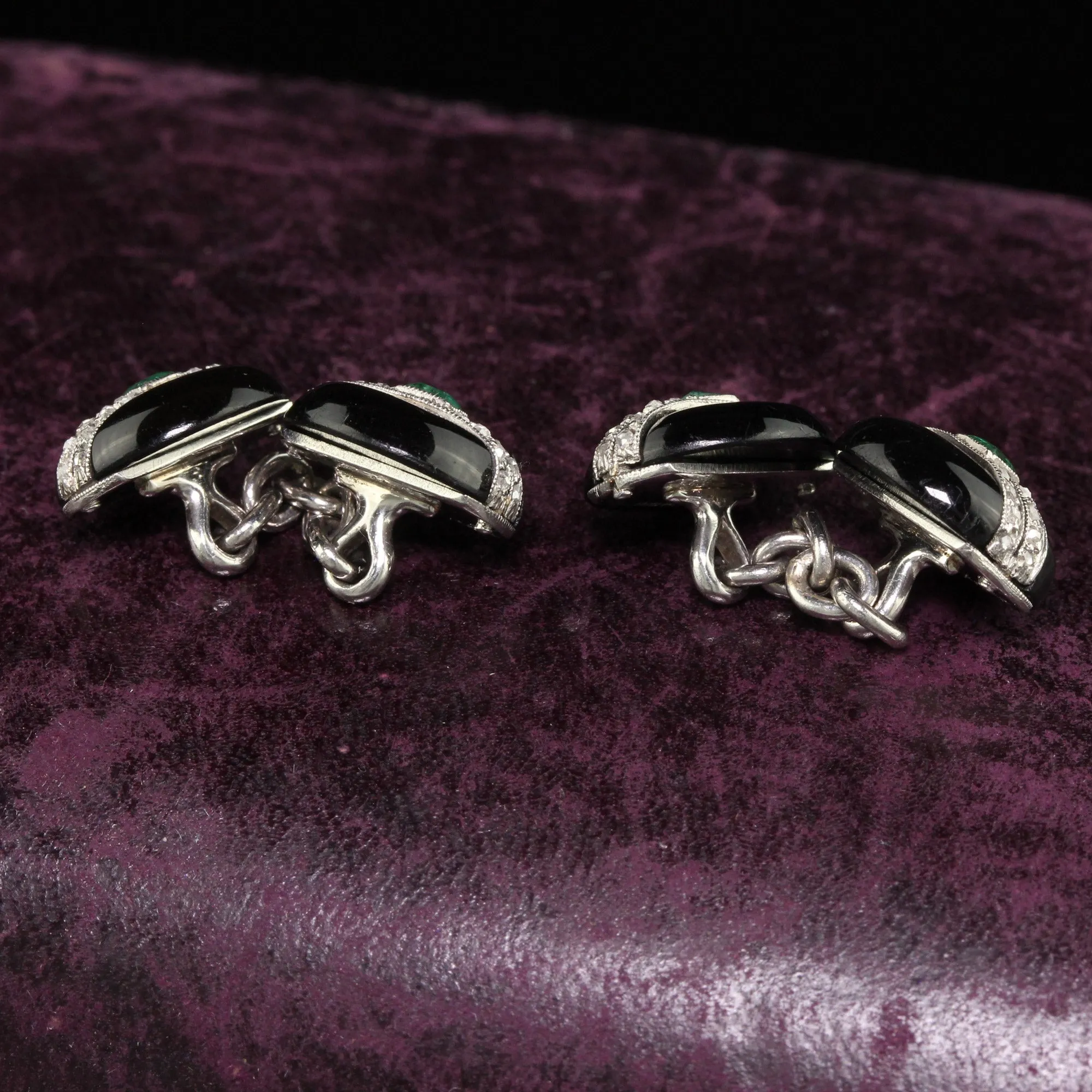 Antique Art Deco Cartier Platinum Diamond Emerald and Onyx Cufflinks