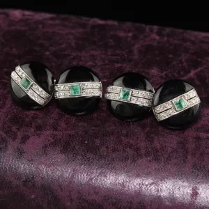 Antique Art Deco Cartier Platinum Diamond Emerald and Onyx Cufflinks