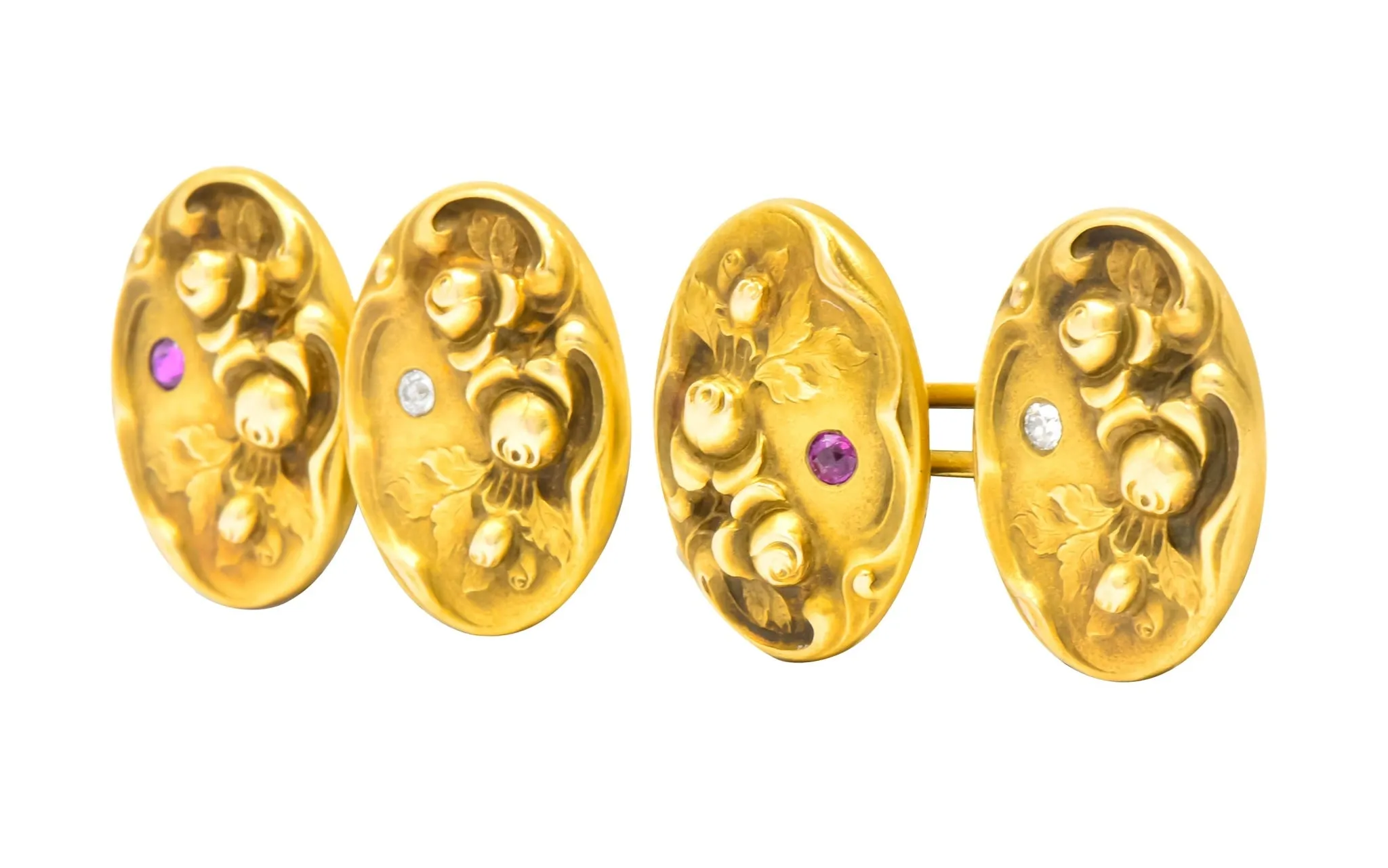 Art Nouveau Diamond Ruby 14 Karat Gold Floral Cufflinks