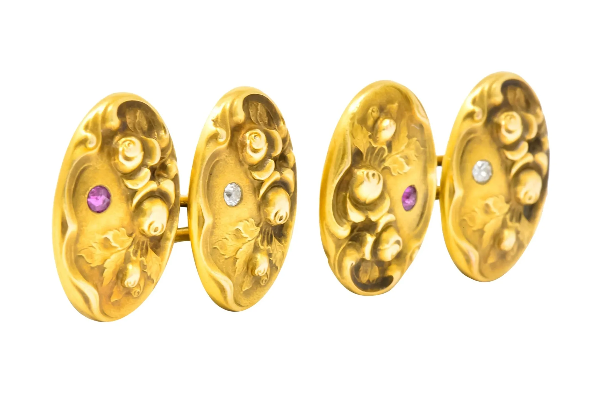 Art Nouveau Diamond Ruby 14 Karat Gold Floral Cufflinks