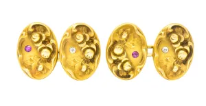 Art Nouveau Diamond Ruby 14 Karat Gold Floral Cufflinks