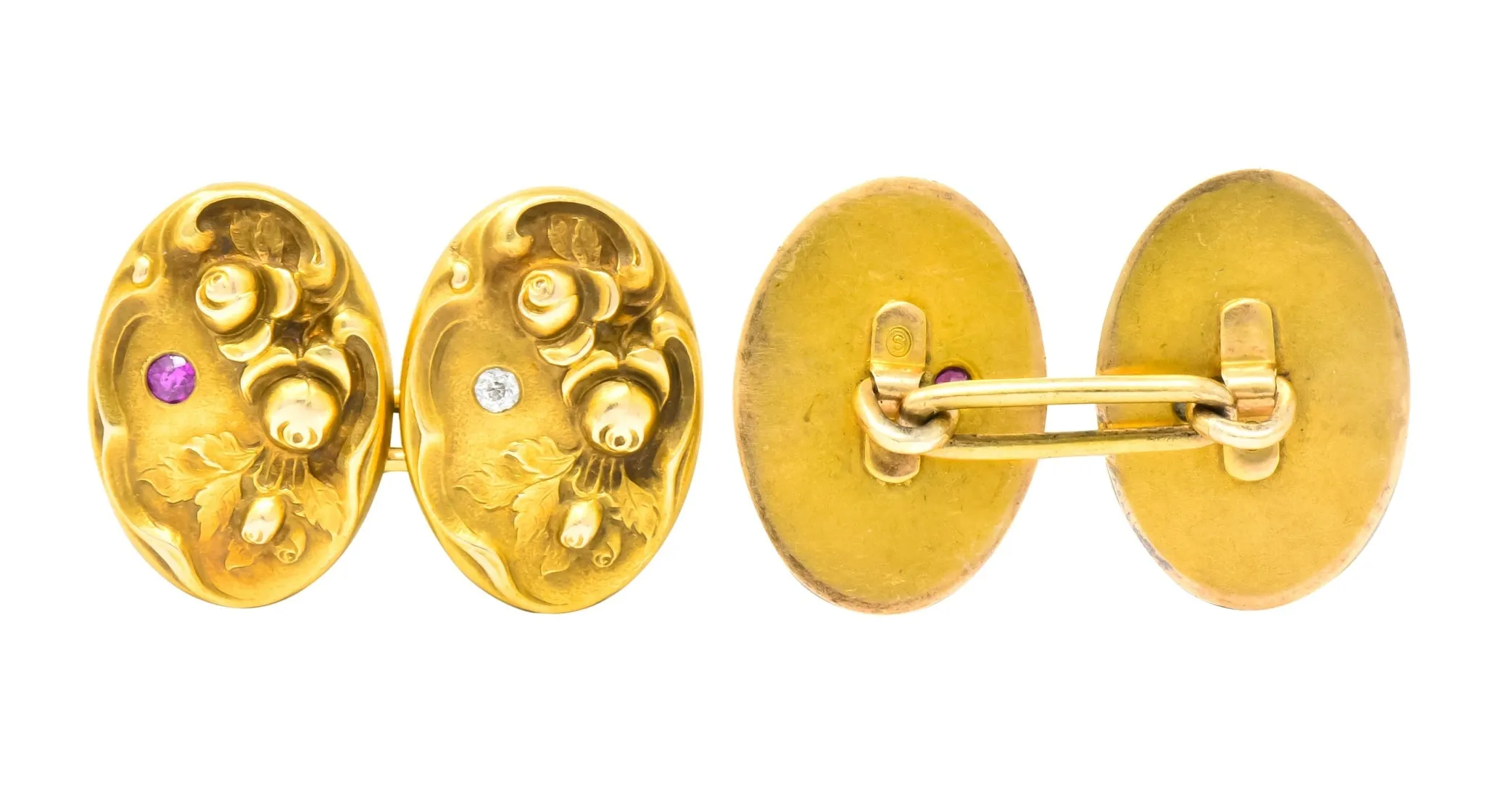 Art Nouveau Diamond Ruby 14 Karat Gold Floral Cufflinks
