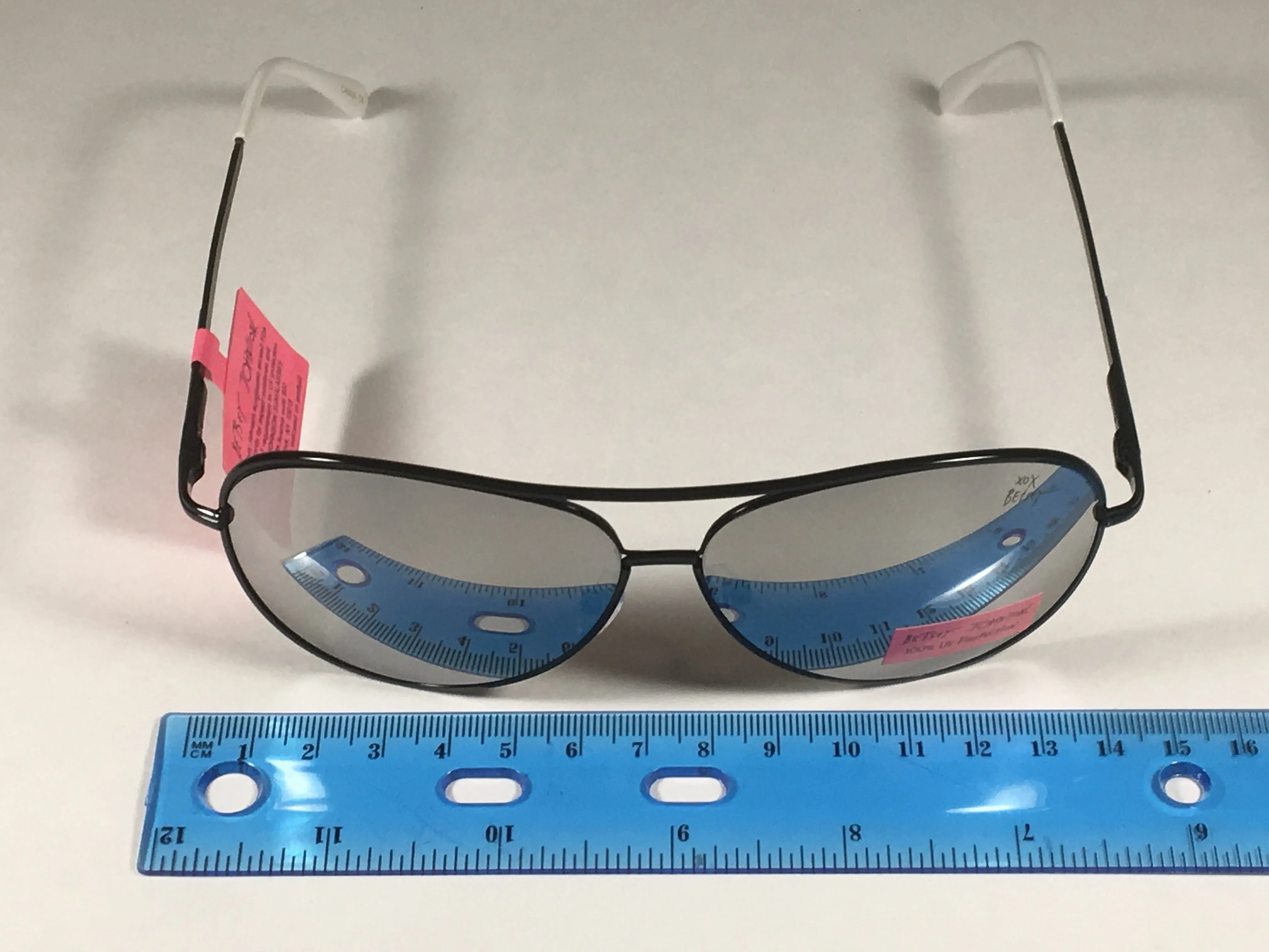 Betsey Johnson BJ462122 Aviator Sunglasses Black Metal Silver Mirror Lens White Feet