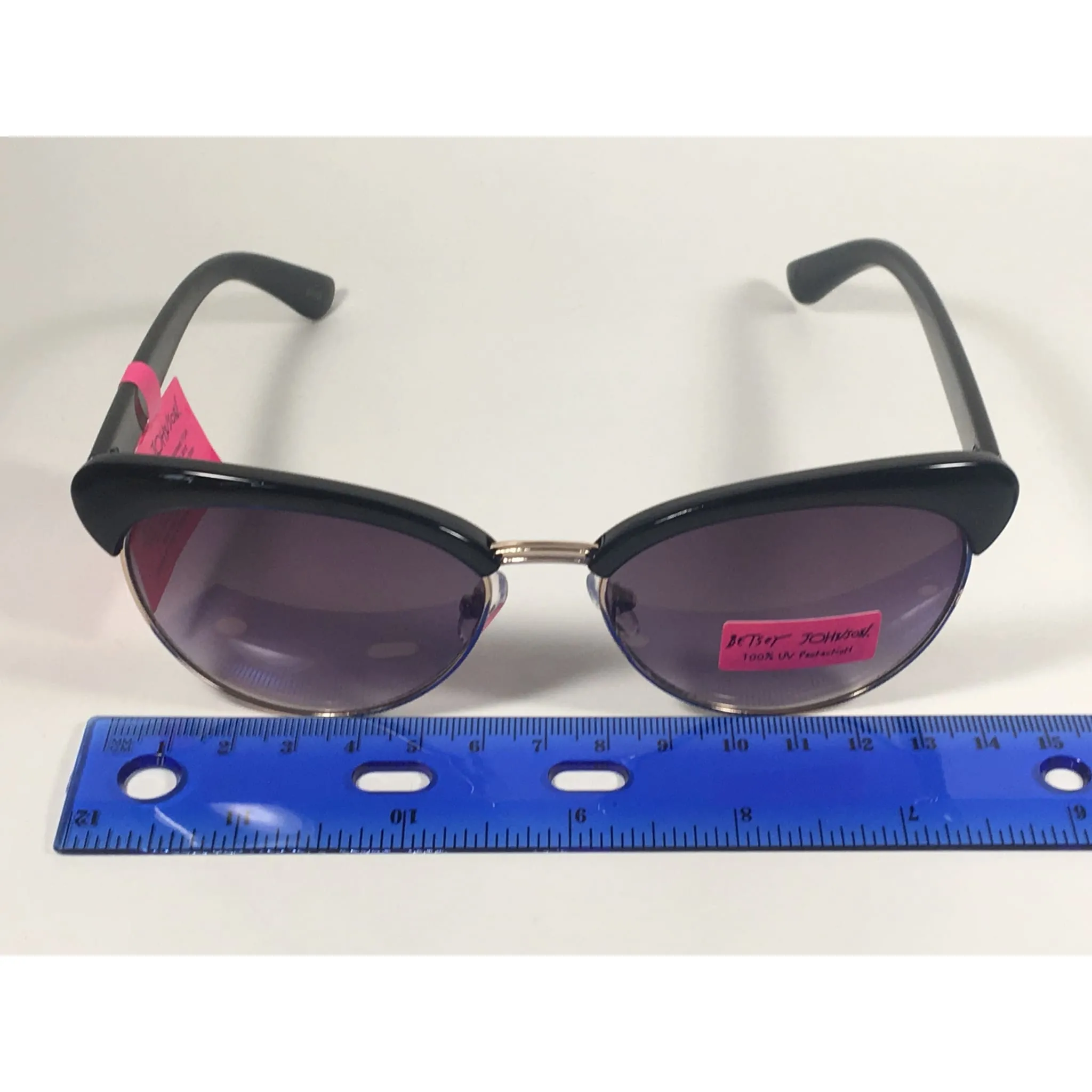 Betsey Johnson Catty Club Sunglasses Black Gold Gray Smoke Gradient Cat Eye