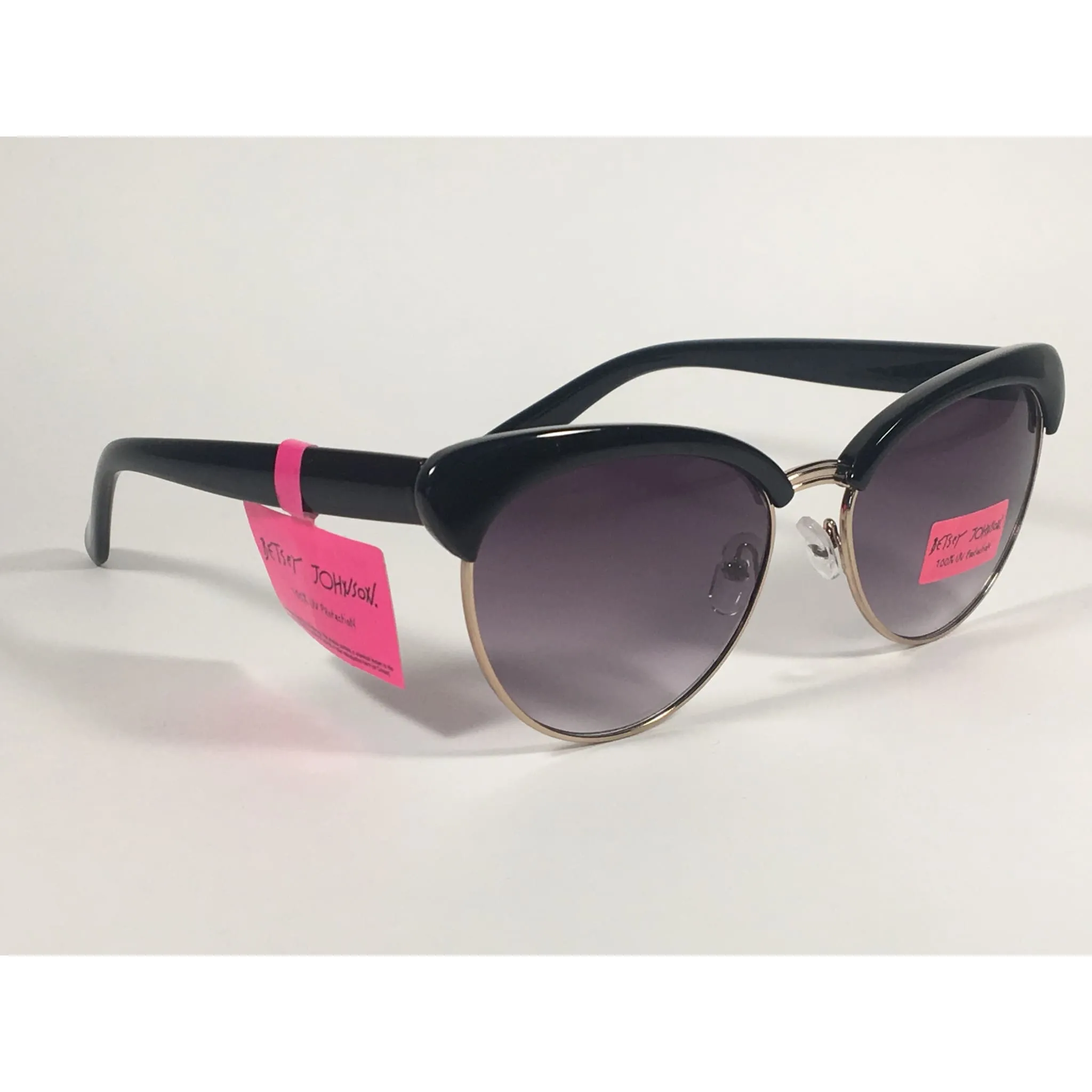 Betsey Johnson Catty Club Sunglasses Black Gold Gray Smoke Gradient Cat Eye
