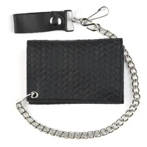 BK338  Basket Weave Tri-Fold Wallet w/ Chain- Black
