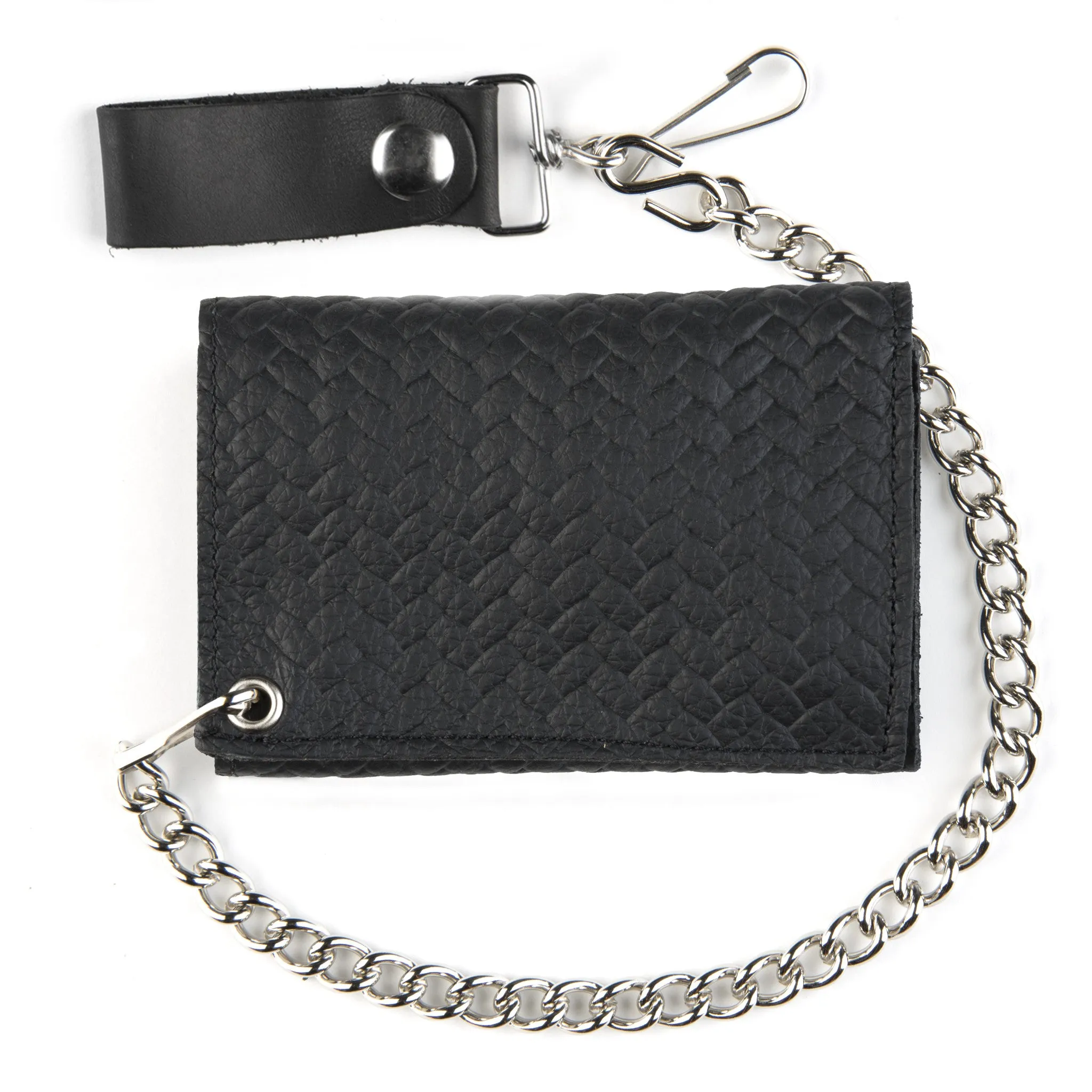 BK338  Basket Weave Tri-Fold Wallet w/ Chain- Black