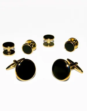 Black Circular Onyx with Gold Trim Studs and Cufflinks Set