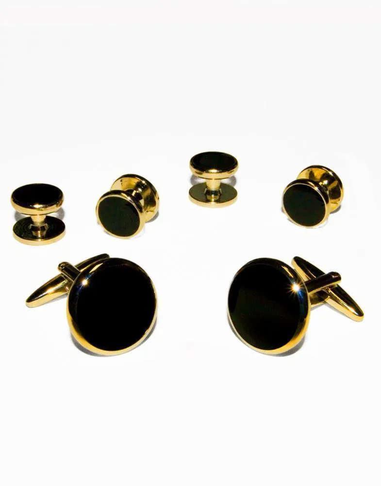 Black Circular Onyx with Gold Trim Studs and Cufflinks Set