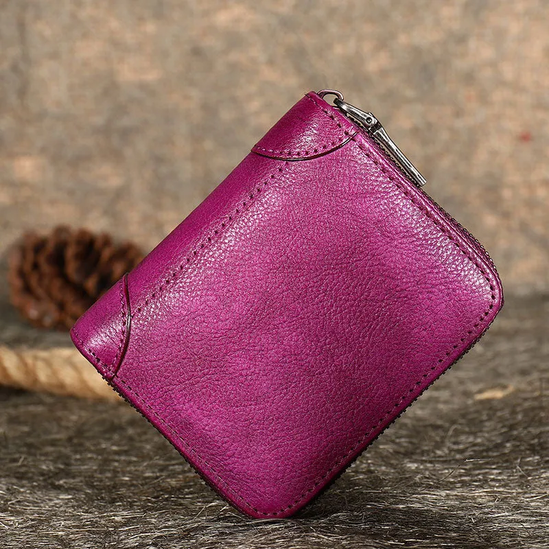Brown Small Leather Bifold Wallet Around Zip Billfold Cute Women Zipper Wallet For Ladies