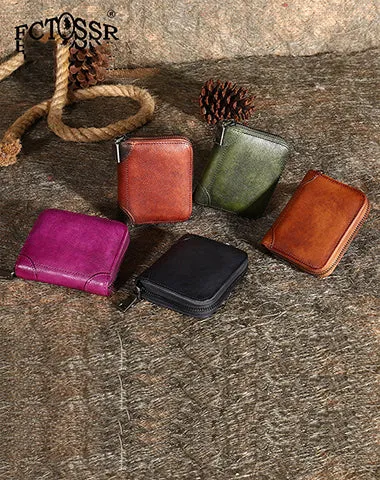 Brown Small Leather Bifold Wallet Around Zip Billfold Cute Women Zipper Wallet For Ladies