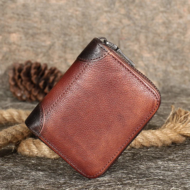 Brown Small Leather Bifold Wallet Around Zip Billfold Cute Women Zipper Wallet For Ladies