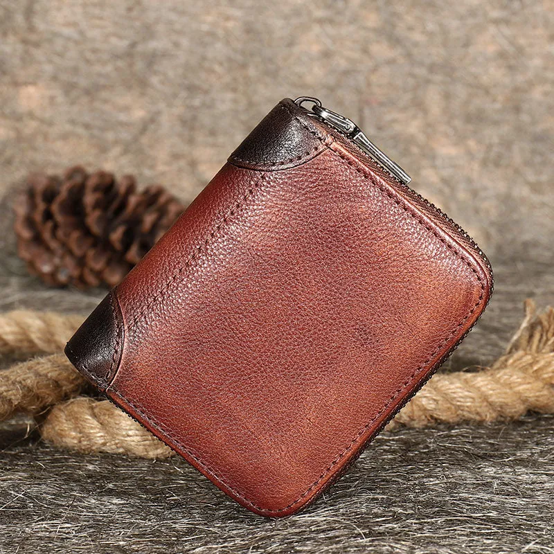 Brown Small Leather Bifold Wallet Around Zip Billfold Cute Women Zipper Wallet For Ladies