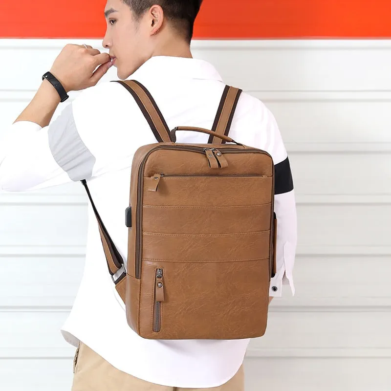 Business Backpacks For Men Waterproof PU Leather Laptop Bag Large