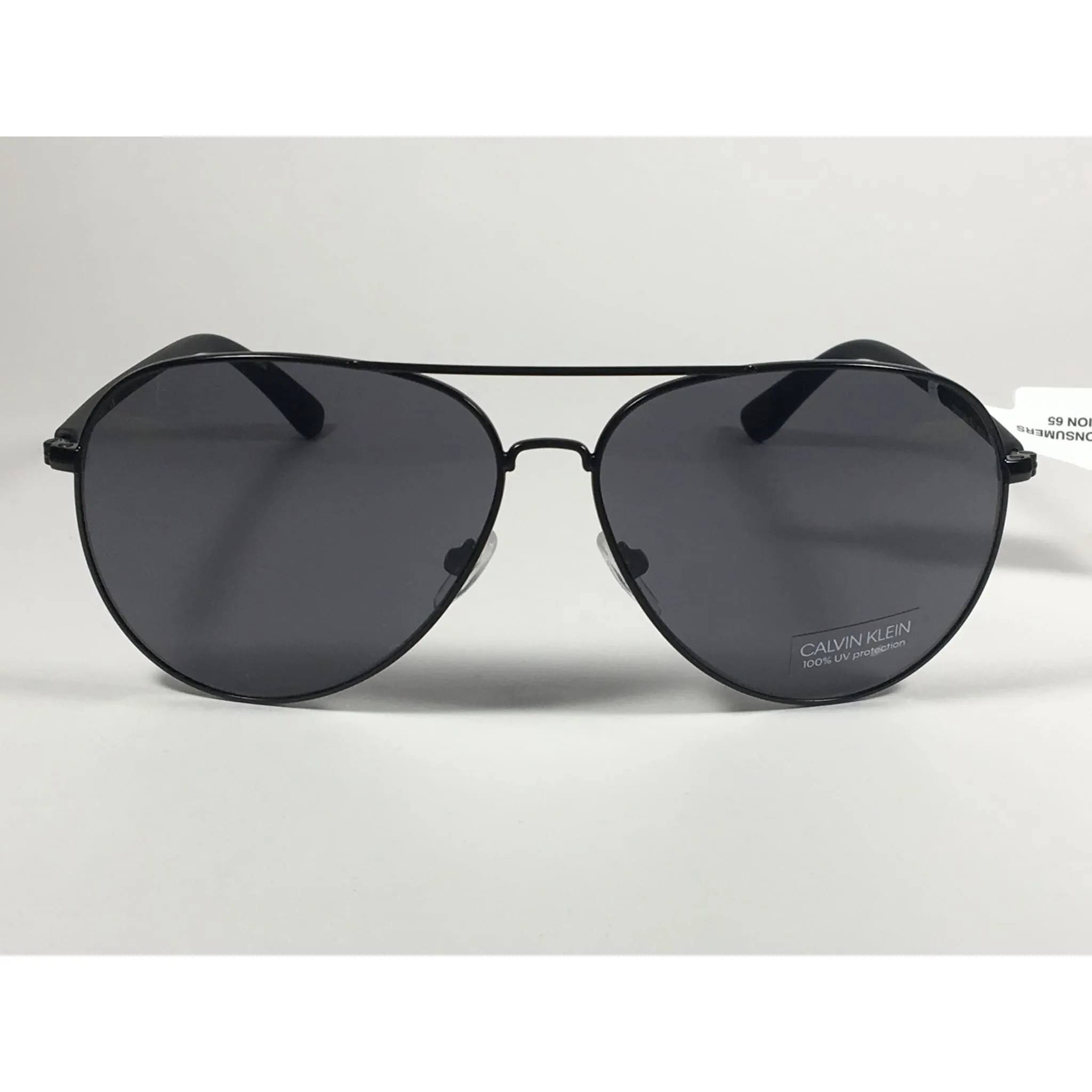 Calvin Klein CK19314S 001 Aviator Pilot Sunglasses Matte Black Metal and Plastic Frame Gray Lens