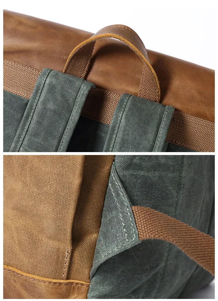 Canvas Leather Backpack, Laptop Backpack, Vintage Waterproof Shoulder Bag