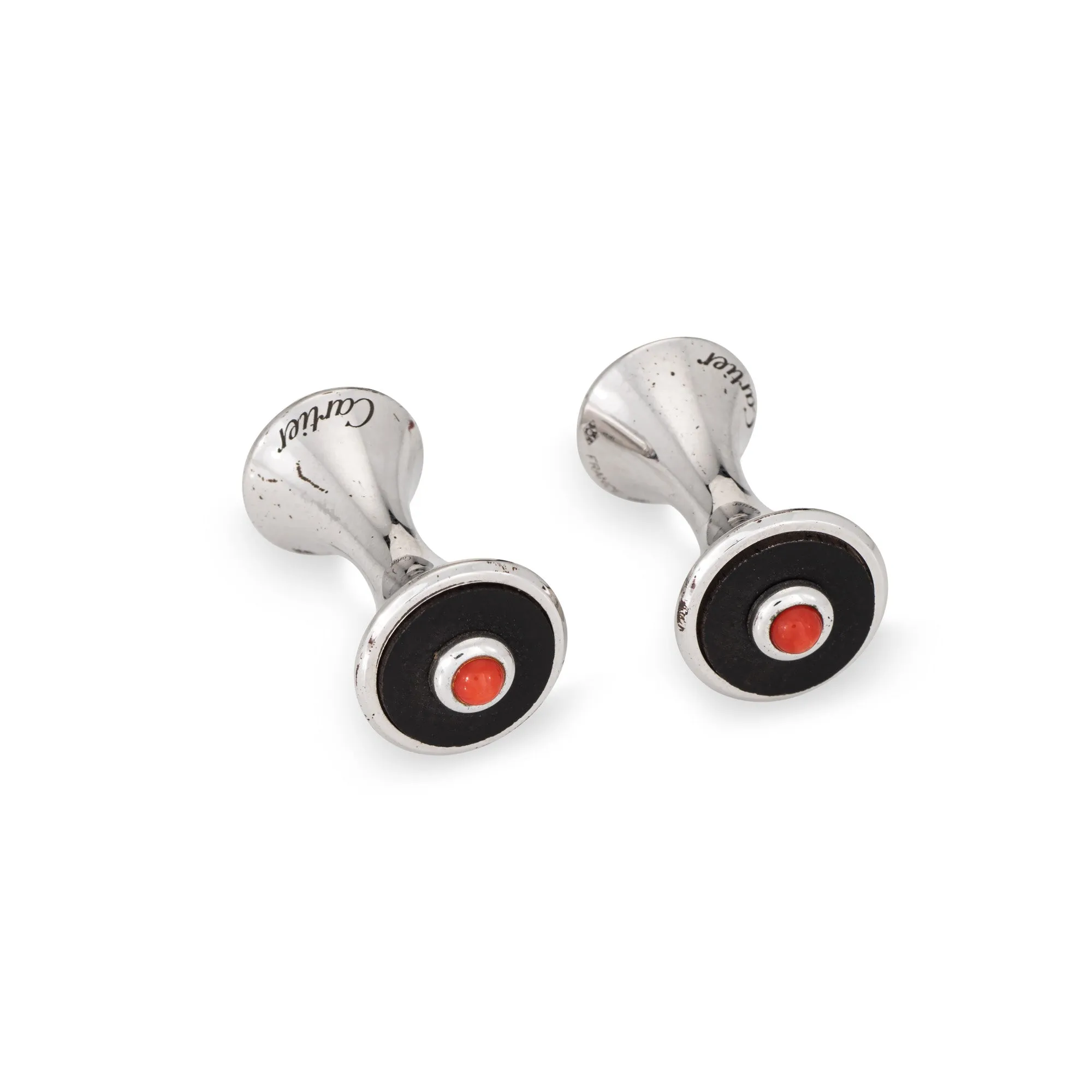 Cartier Cufflinks Coral Onyx Sterling Silver Estate Fine Men's Jewelry France