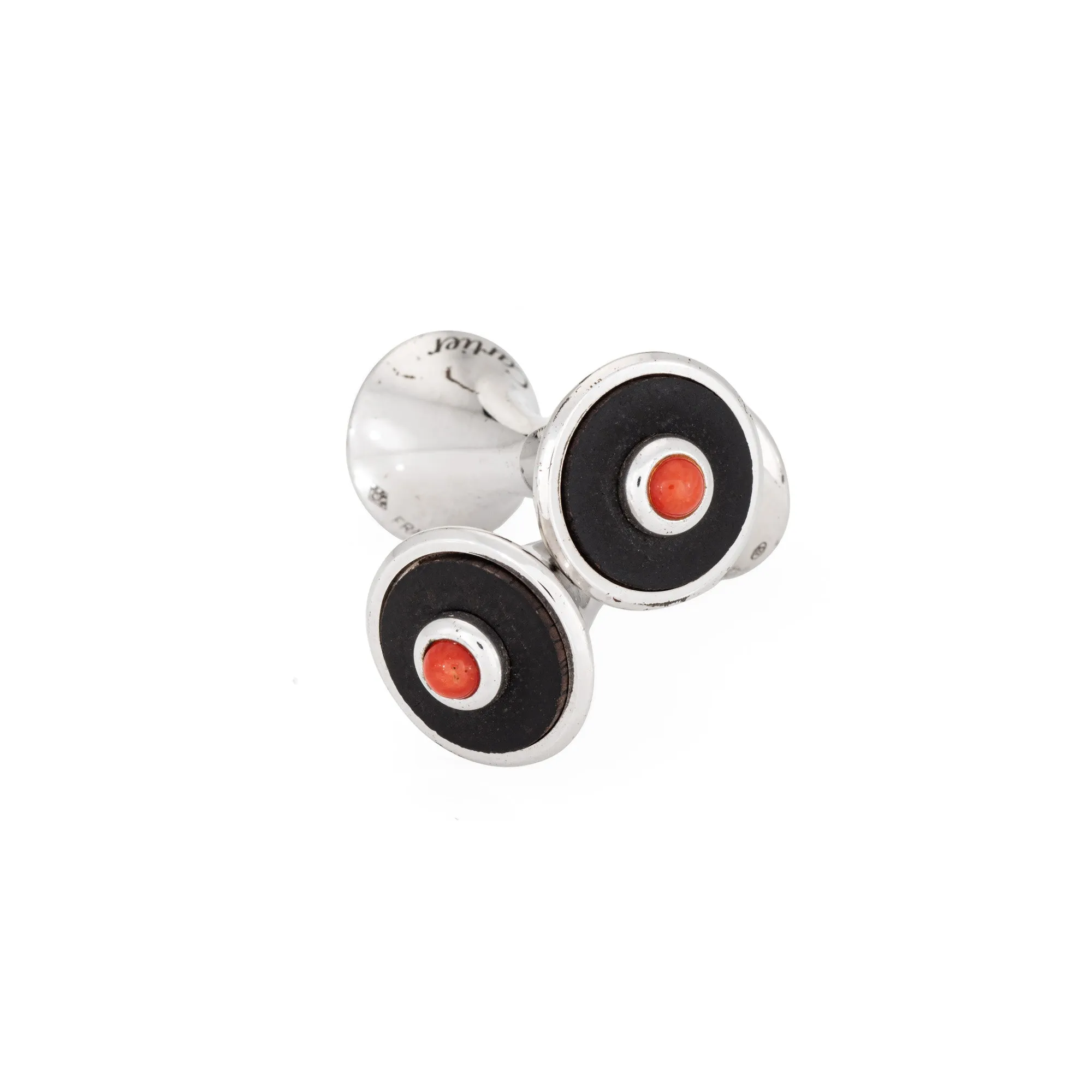 Cartier Cufflinks Coral Onyx Sterling Silver Estate Fine Men's Jewelry France