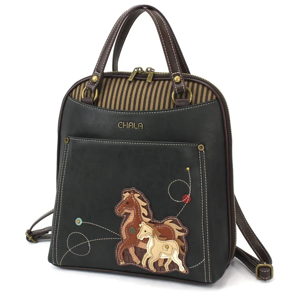Chala Convertible Backpack Purse Horse Family - Black