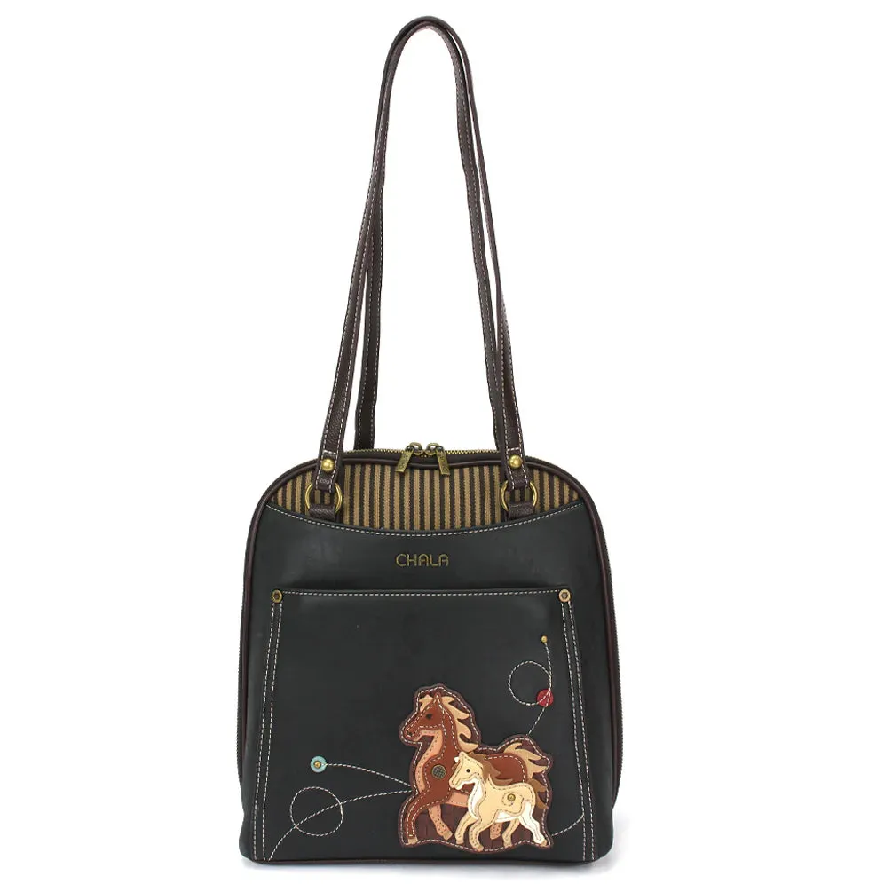 Chala Convertible Backpack Purse Horse Family - Black