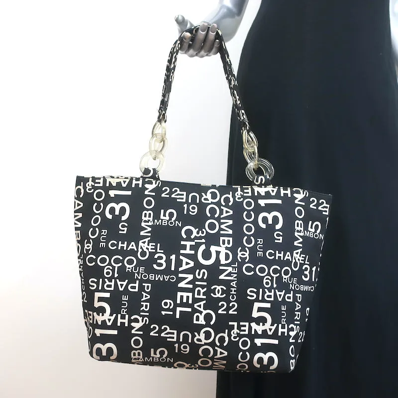 Chanel 2002 31 Rue Cambon Beach Tote Black Printed Canvas Large Shoulder Bag