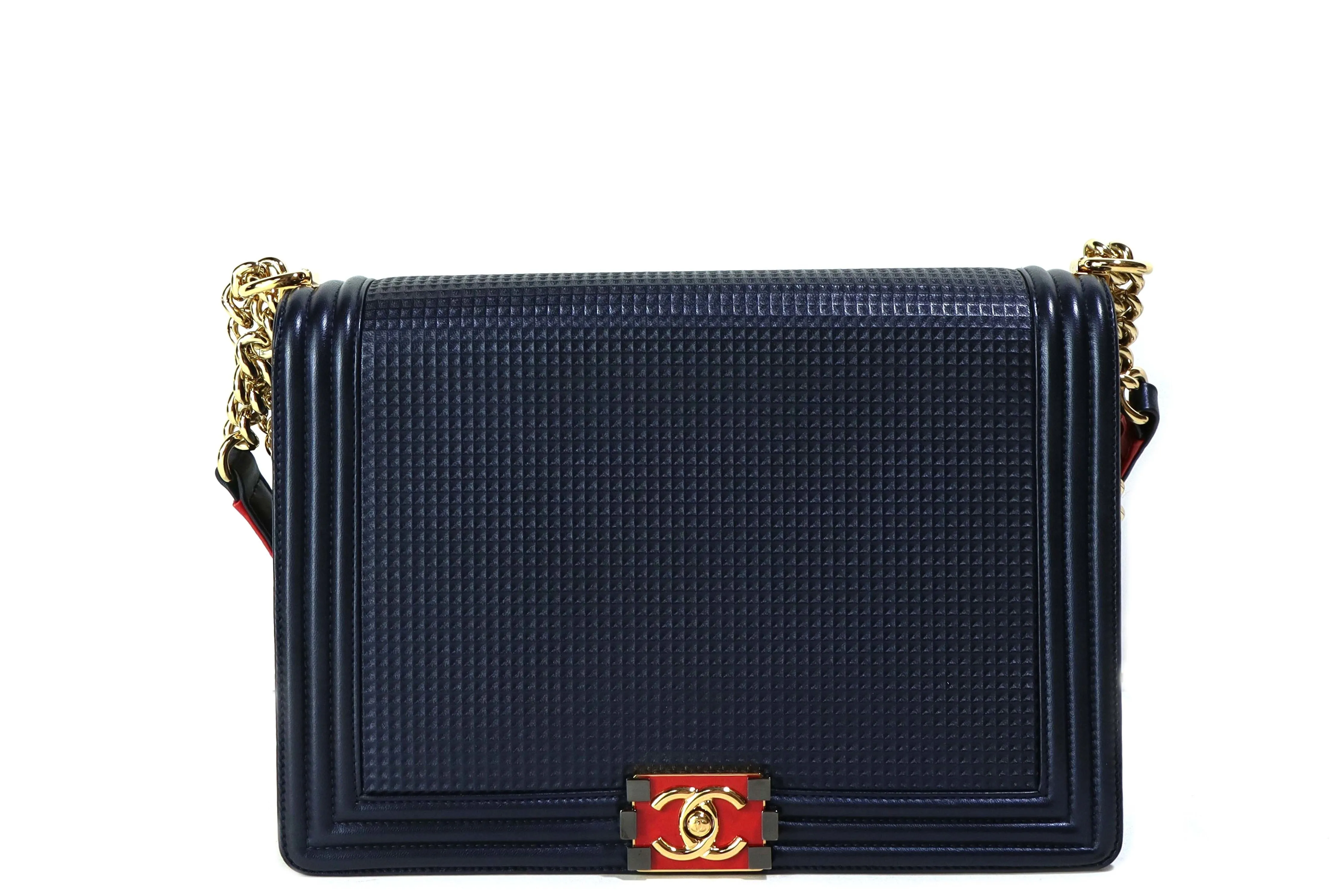 Chanel Lambskin Embossed Large Boy Cube Flap Navy Blue Bag