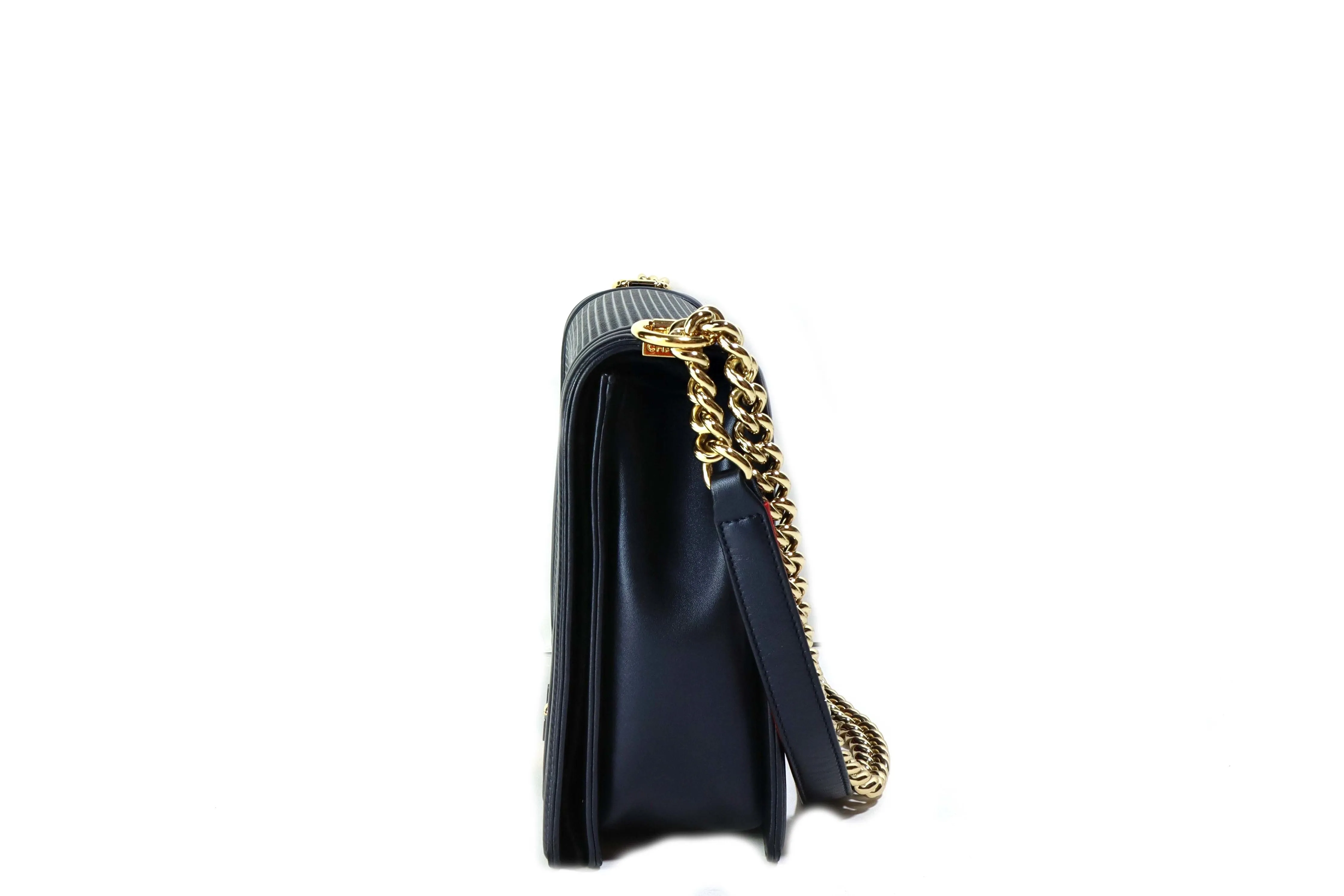 Chanel Lambskin Embossed Large Boy Cube Flap Navy Blue Bag