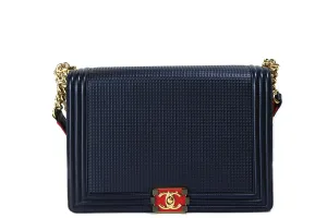 Chanel Lambskin Embossed Large Boy Cube Flap Navy Blue Bag
