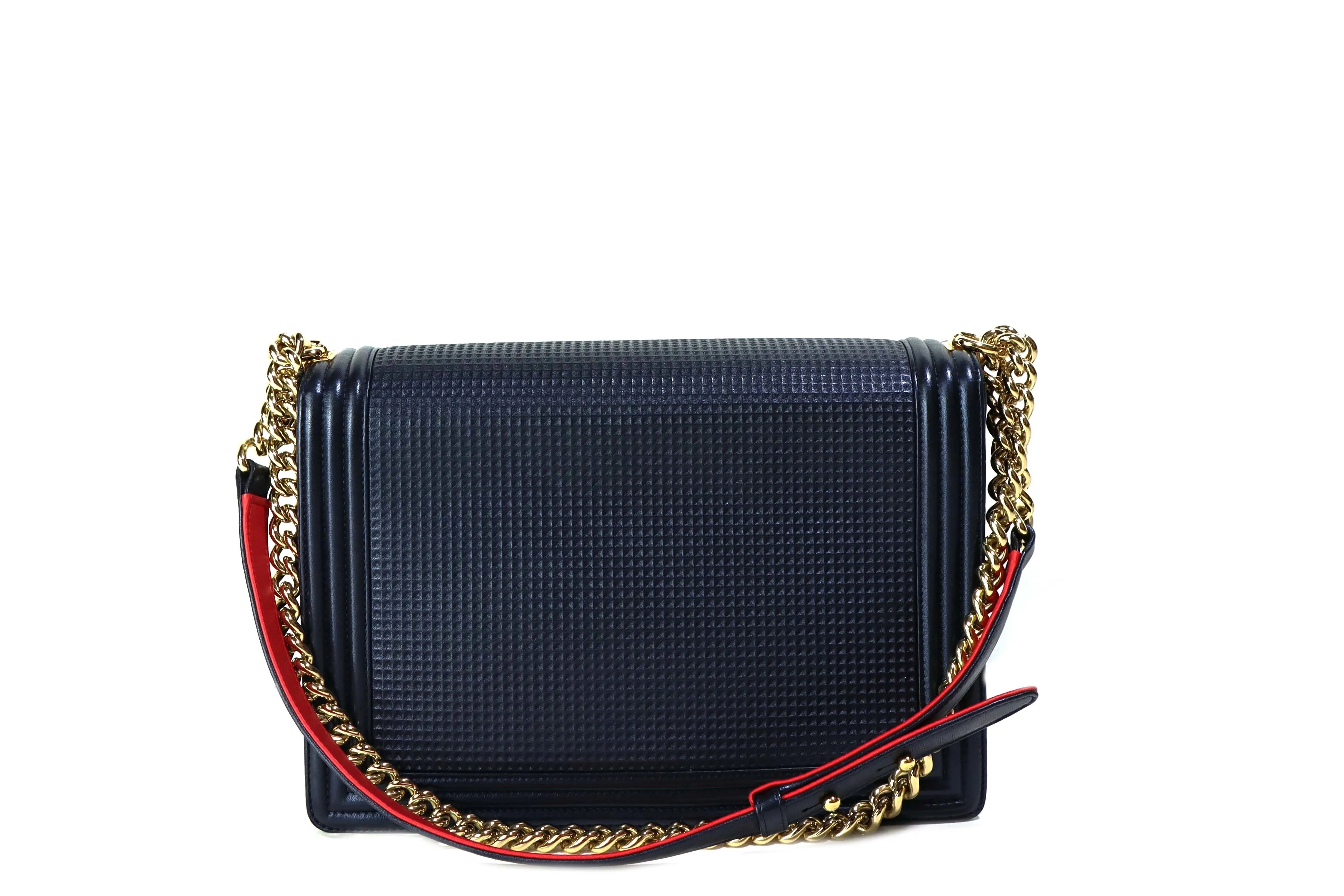 Chanel Lambskin Embossed Large Boy Cube Flap Navy Blue Bag