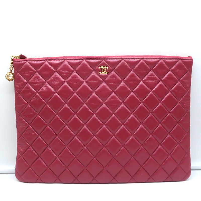 Chanel O Case Large Clutch Raspberry Quilted Leather