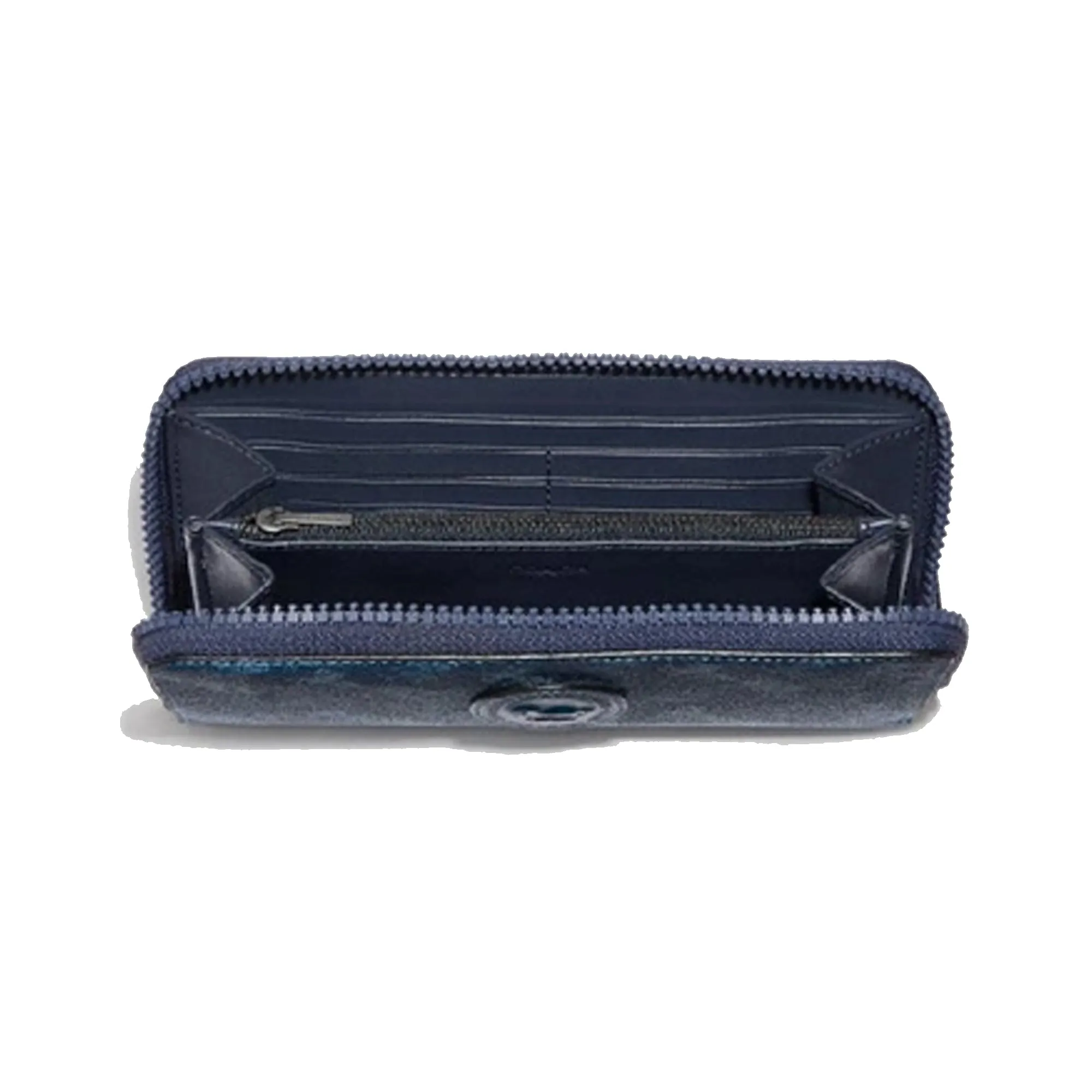Coach Accordion Zipper Around Wallet Leather Horse Carriage Card Wallets Blue NEW