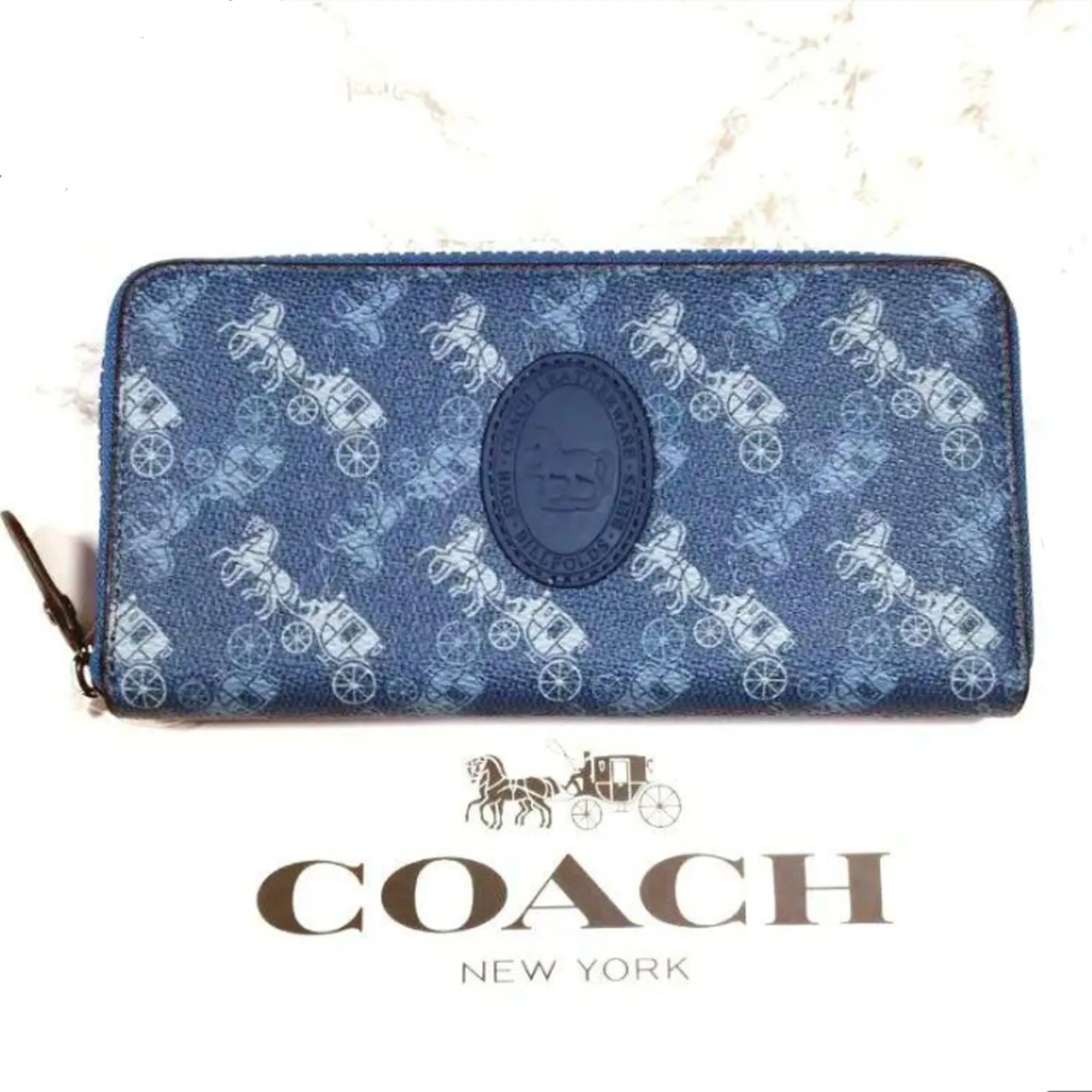 Coach Accordion Zipper Around Wallet Leather Horse Carriage Card Wallets Blue NEW