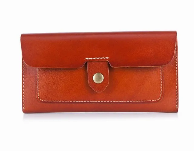Cow leather women solid fashion long purse handmade hasp wallet