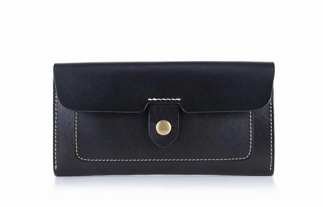 Cow leather women solid fashion long purse handmade hasp wallet