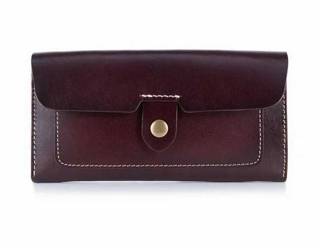 Cow leather women solid fashion long purse handmade hasp wallet