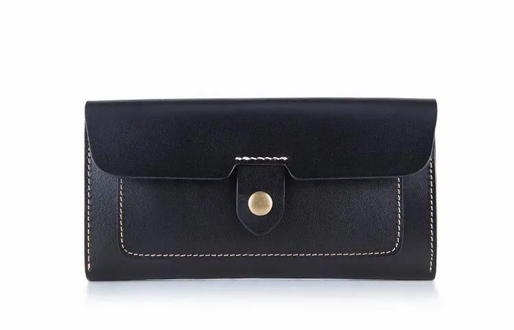 Cow leather women solid fashion long purse handmade hasp wallet