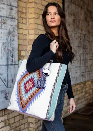 Cream & Blue Large Tote