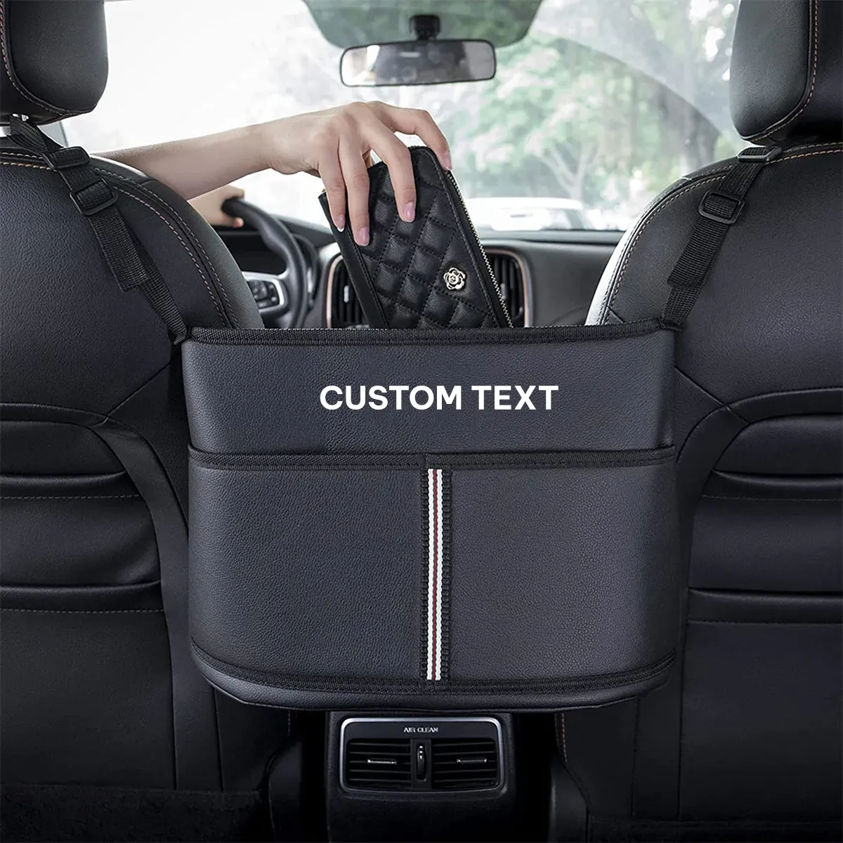 Custom Text For Car Purse Holder for Car Handbag Holder Between Seats Premium PU Leather, Compatible with All Cars, Auto Driver Or Passenger Accessories Organizer, Hanging Car Purse Storage Pocket Back Seat Pet Barrier MS11991