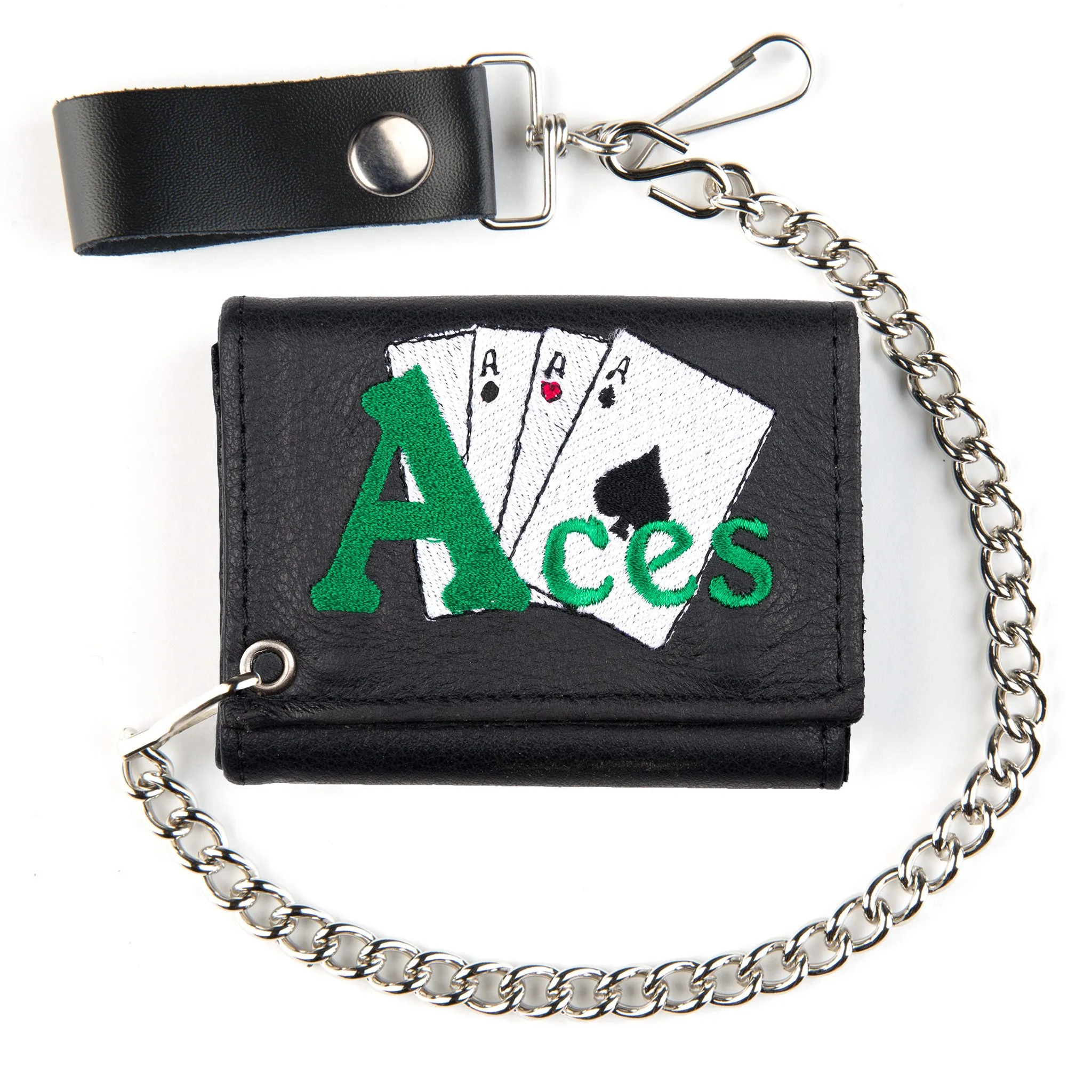 Embroidered Tri-Fold Wallet w/ Chain- Aces