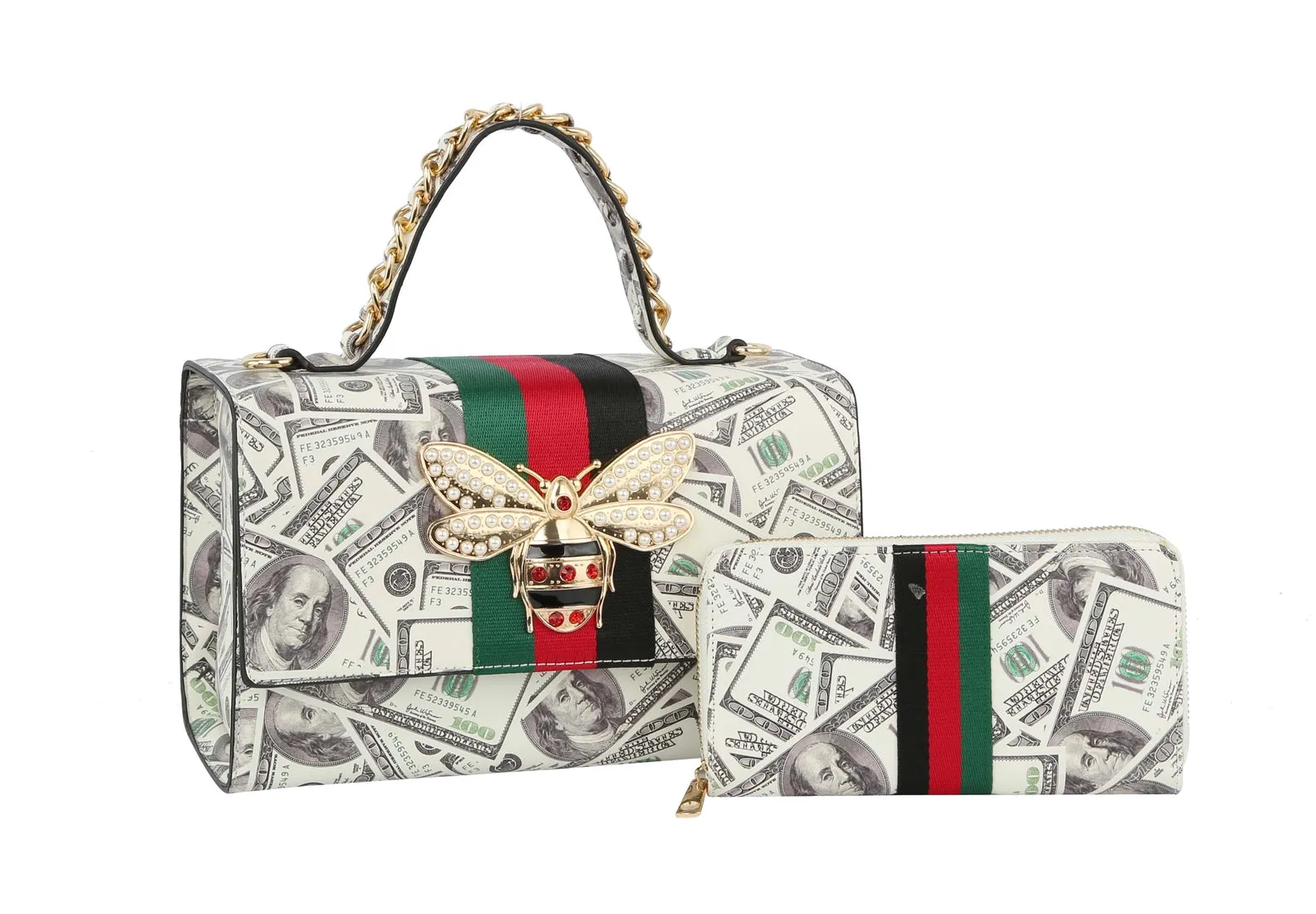 Fashion Bee Satchel with Matching Wallet Money Printed