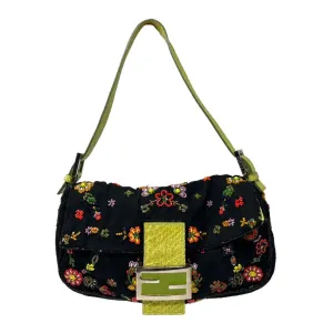 Fendi Black Floral Beaded Baguette