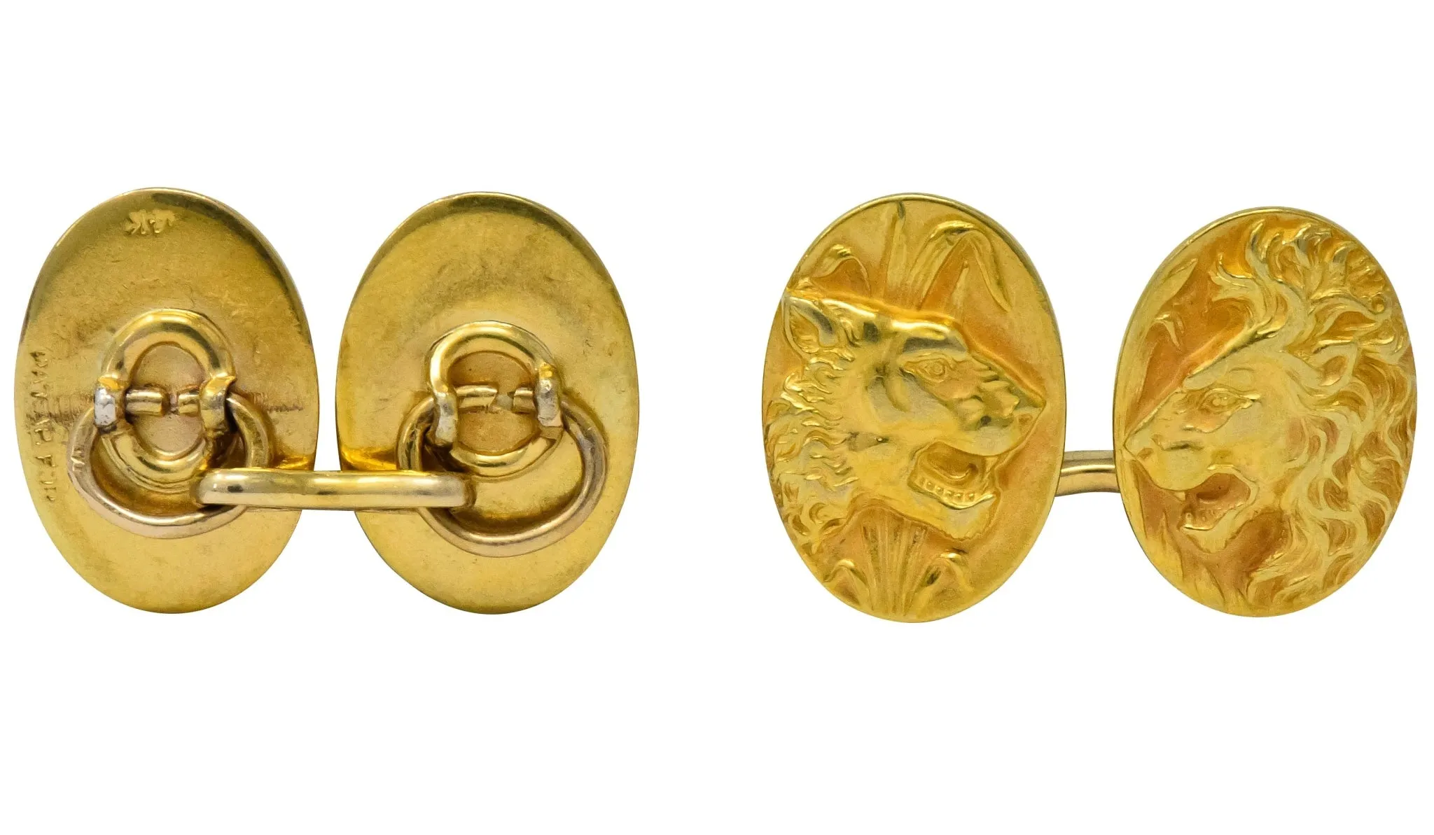Fine Art Nouveau 14 Karat Gold Lion & Lioness Cufflinks